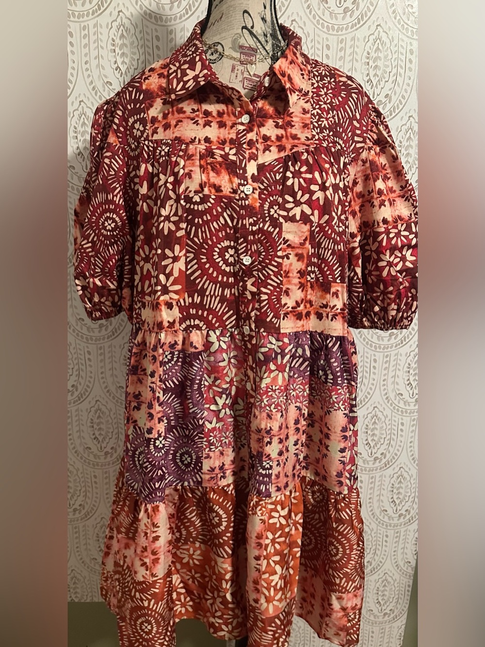 Flying Tomato Red Patchwork Button-Front Women's Dress